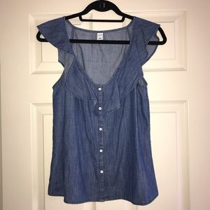 Sleeveless Chambray Flounce Top